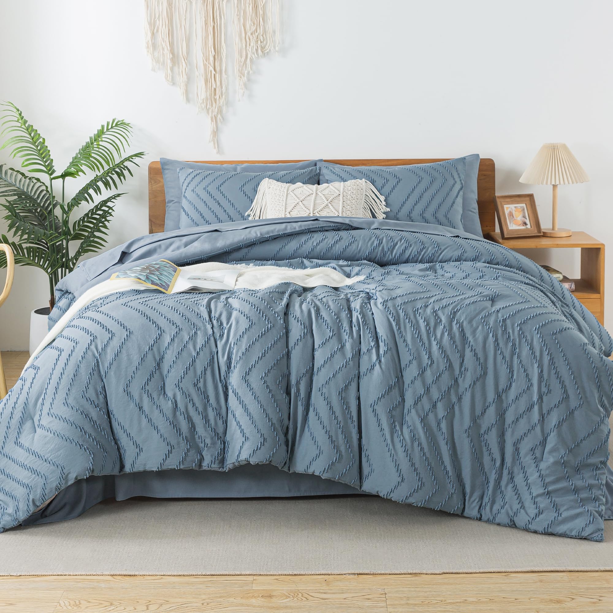 Litanika Grayish Blue King Size Comforter Set With Sheets - 7 Pieces Bed In A Bag King Chevron Tufted Complete Beddding Sets Wit